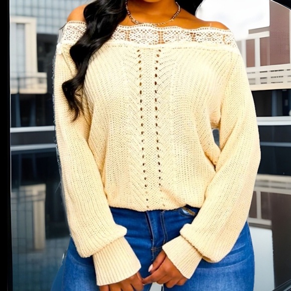 Unique Apricot Lace Trim Neckline Off Shoulder Open Design Down Front Sweater - Picture 5 of 10